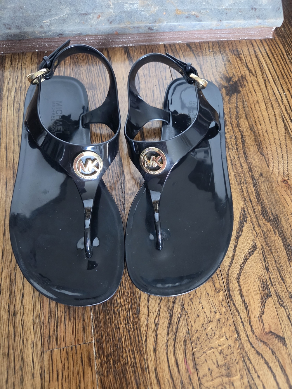 Michael Kors Black Jelly Thong Sandals with Gold MK Logo Size 6